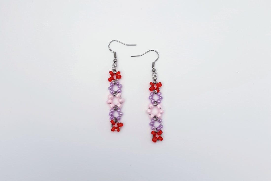 beaded earrings red purple lilac